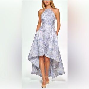 NWT Calvin Klein Textured Jacquard Halter Neck High Low Gown in Icy Blue